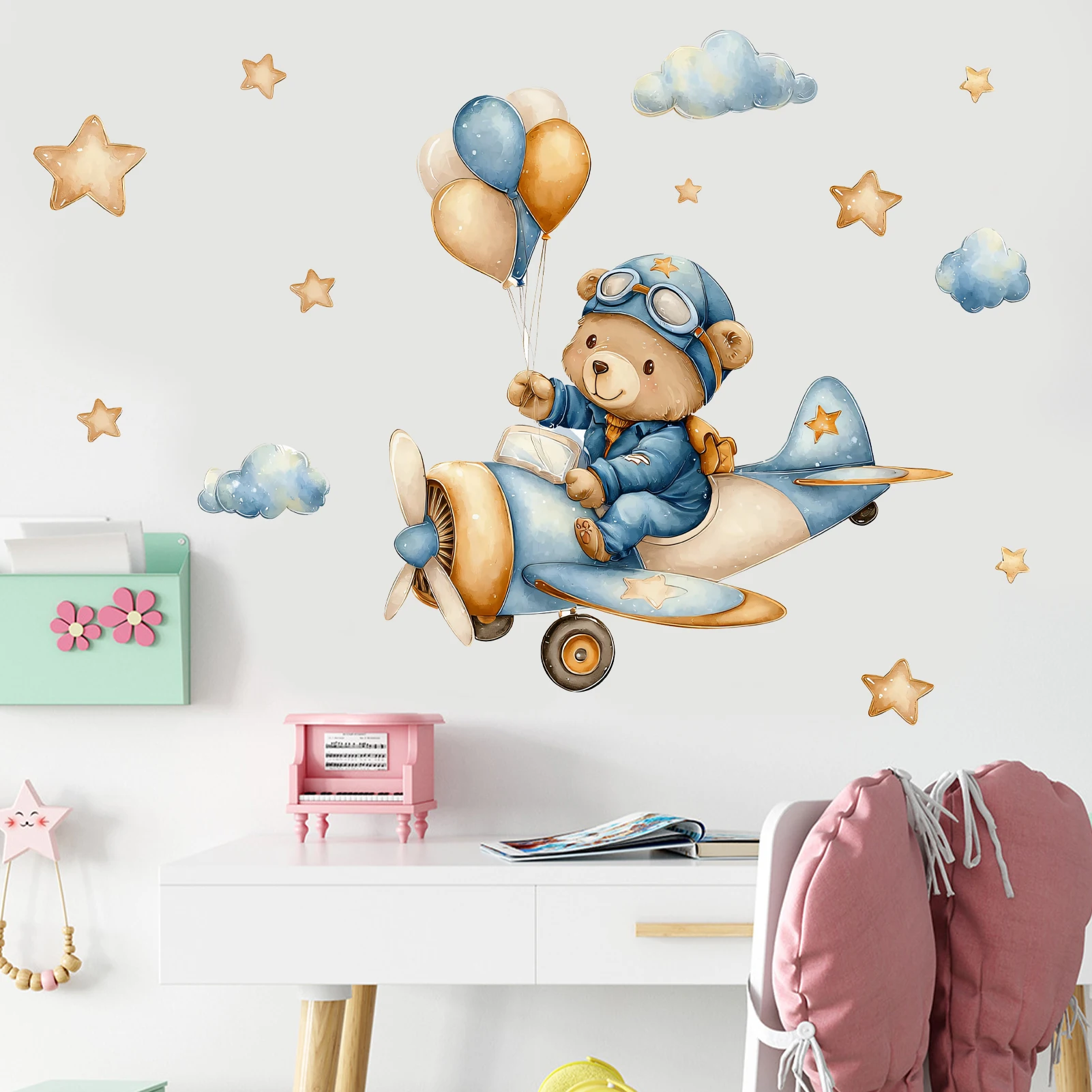 Wasserfarbene Flieger - Teddybär - Wandaufkleber, Vintage Flugzeug -