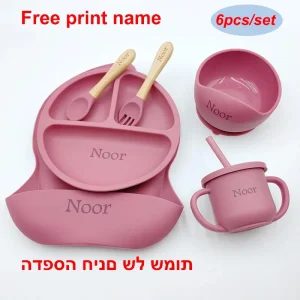 6Pcs Silikon Geschirr Für Kinder Baby Fütterung Sets Sauger Schüssel Esszimmer Platte Löffel Gabel Bib Tasse Personalisierte Name Kinder geschenk - AliExpress 1501